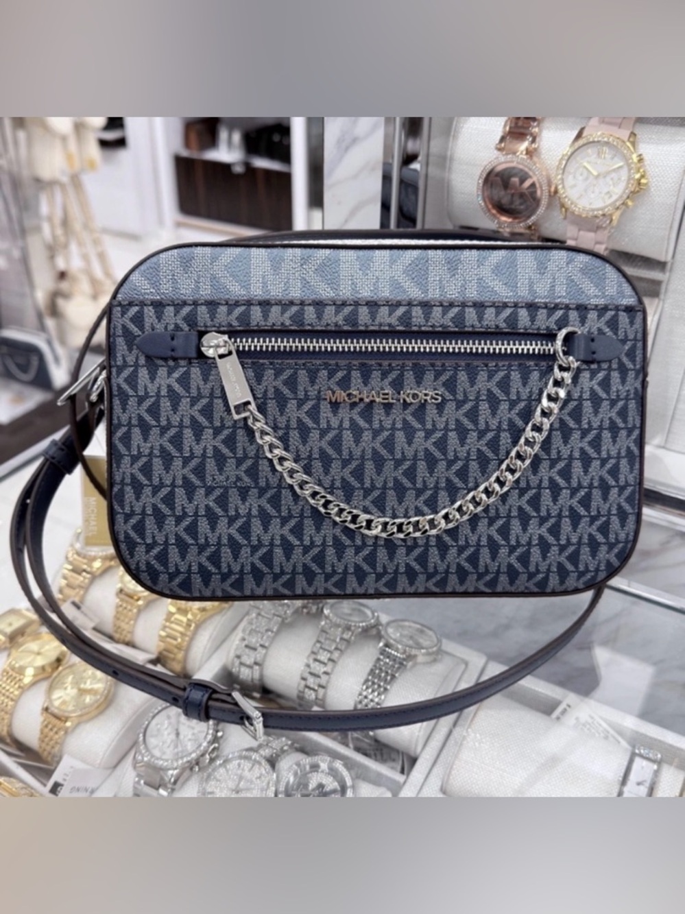 Michael Kors Navy Blue Marine  MK Signature Logo Chain Crossbody NWT